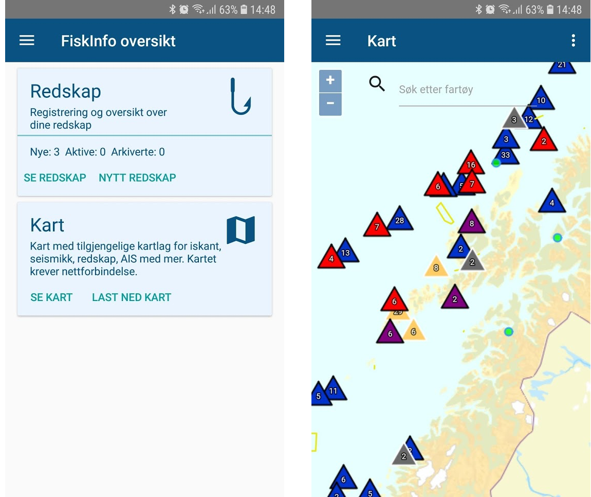 FiskInfo (Fish Info) mobile app providing maps and reporting of fishing equipment