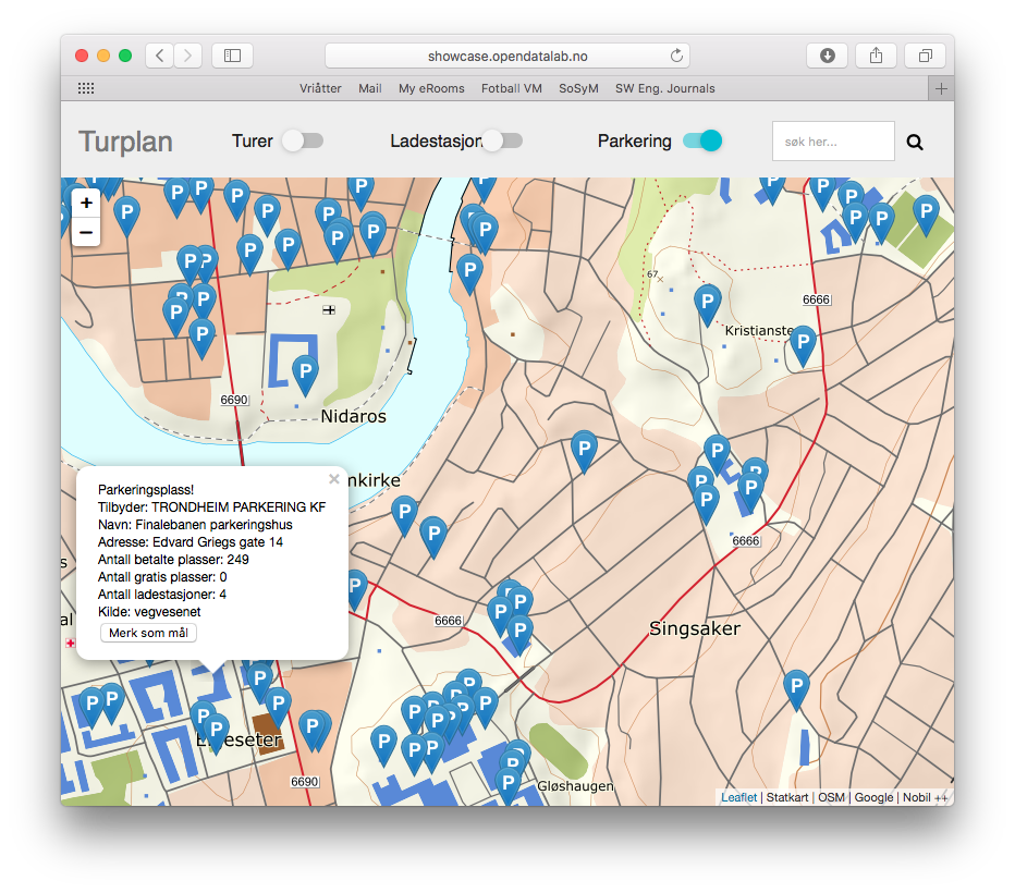 Turplan (Hike planner) showing map with parking lots